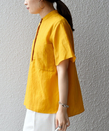 〈手洗い可能〉麻混 バンドカラー 半袖 ブラウス