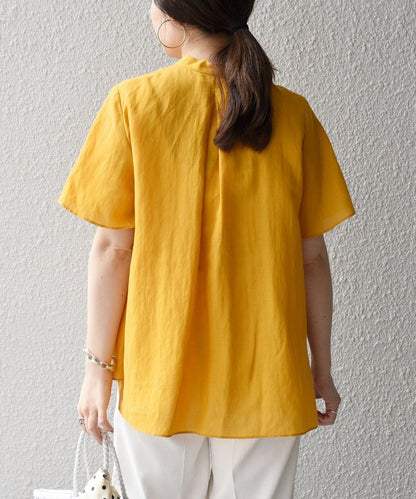 〈手洗い可能〉麻混 バンドカラー 半袖 ブラウス