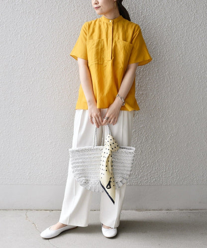 〈手洗い可能〉麻混 バンドカラー 半袖 ブラウス