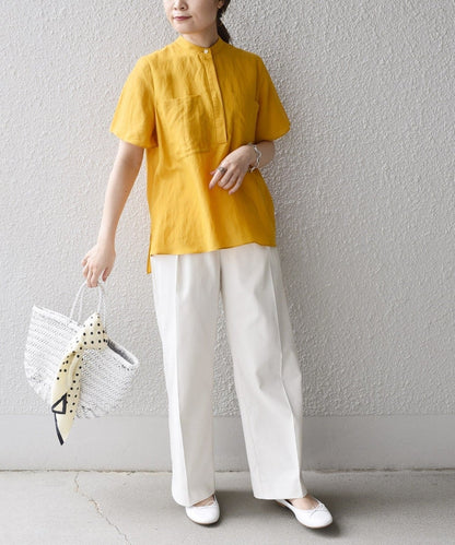 〈手洗い可能〉麻混 バンドカラー 半袖 ブラウス