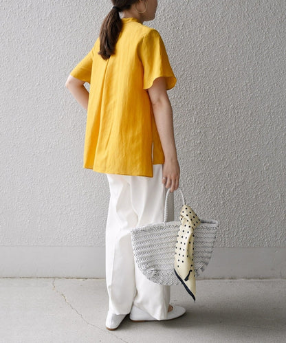 〈手洗い可能〉麻混 バンドカラー 半袖 ブラウス