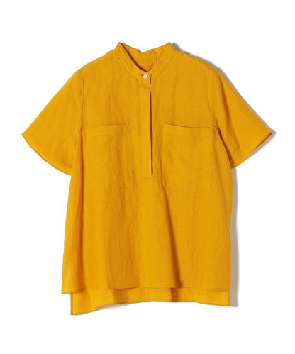 〈手洗い可能〉麻混 バンドカラー 半袖 ブラウス