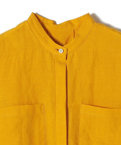 〈手洗い可能〉麻混 バンドカラー 半袖 ブラウス