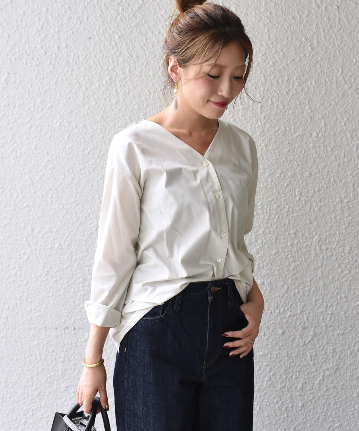 liflattie ships: ブロード Vネック オープン ブラウス