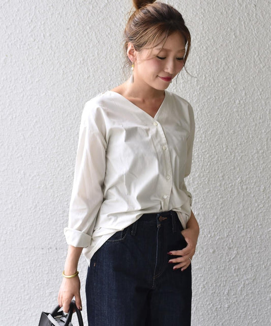 liflattie ships: ブロード Vネック オープン ブラウス