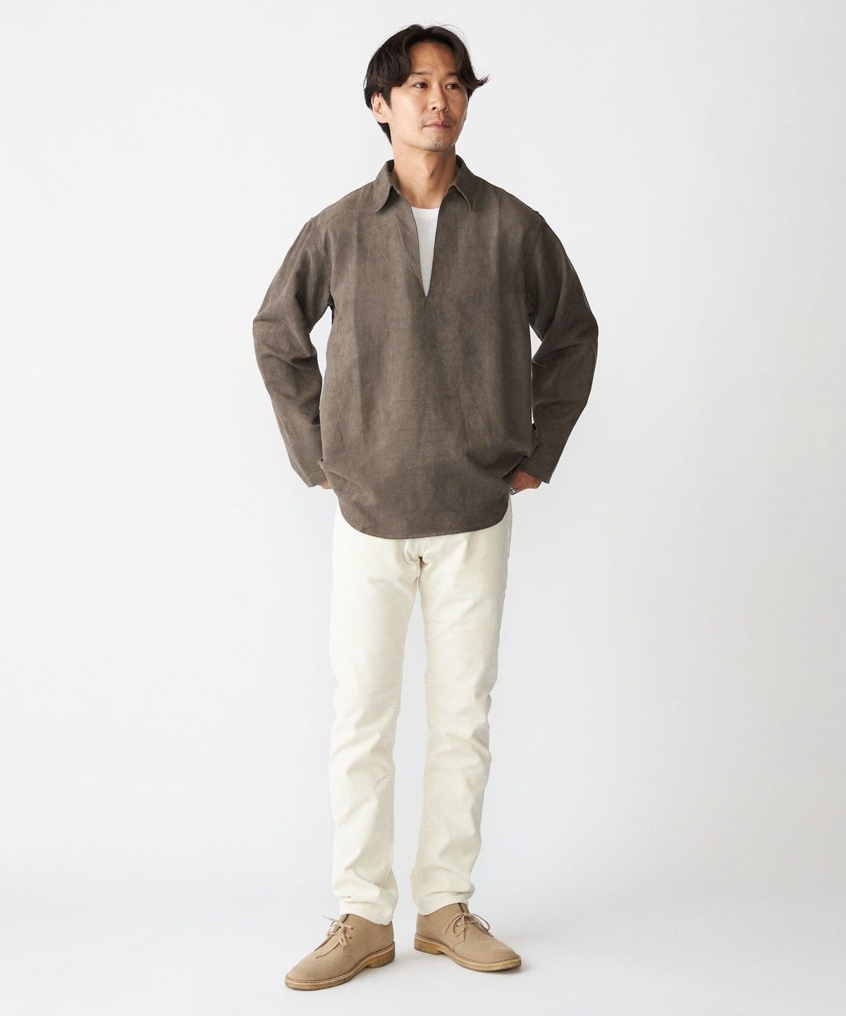 BENCH MARKING SHIRT: スキッパー ポリエステル フェイクスエード シャツ