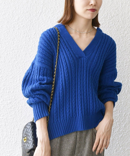 SHIPS any:〈手洗い可能〉ミニ ケーブル スキッパー ニット プルオーバー
