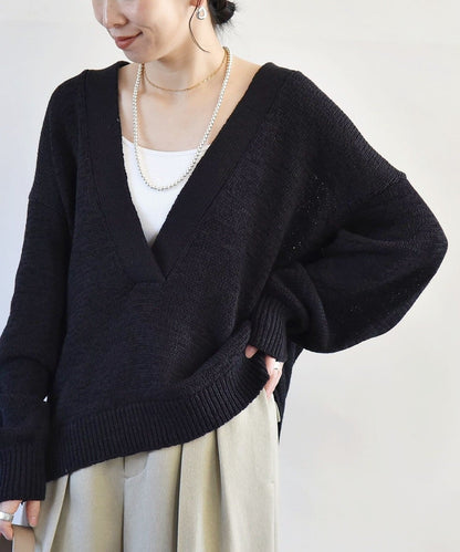 quaranciel:〈手洗い可能〉テープヤーン Vネック ルーズ プルオーバー