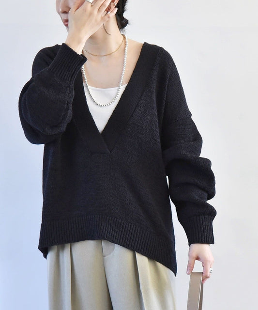 quaranciel:〈手洗い可能〉テープヤーン Vネック ルーズ プルオーバー