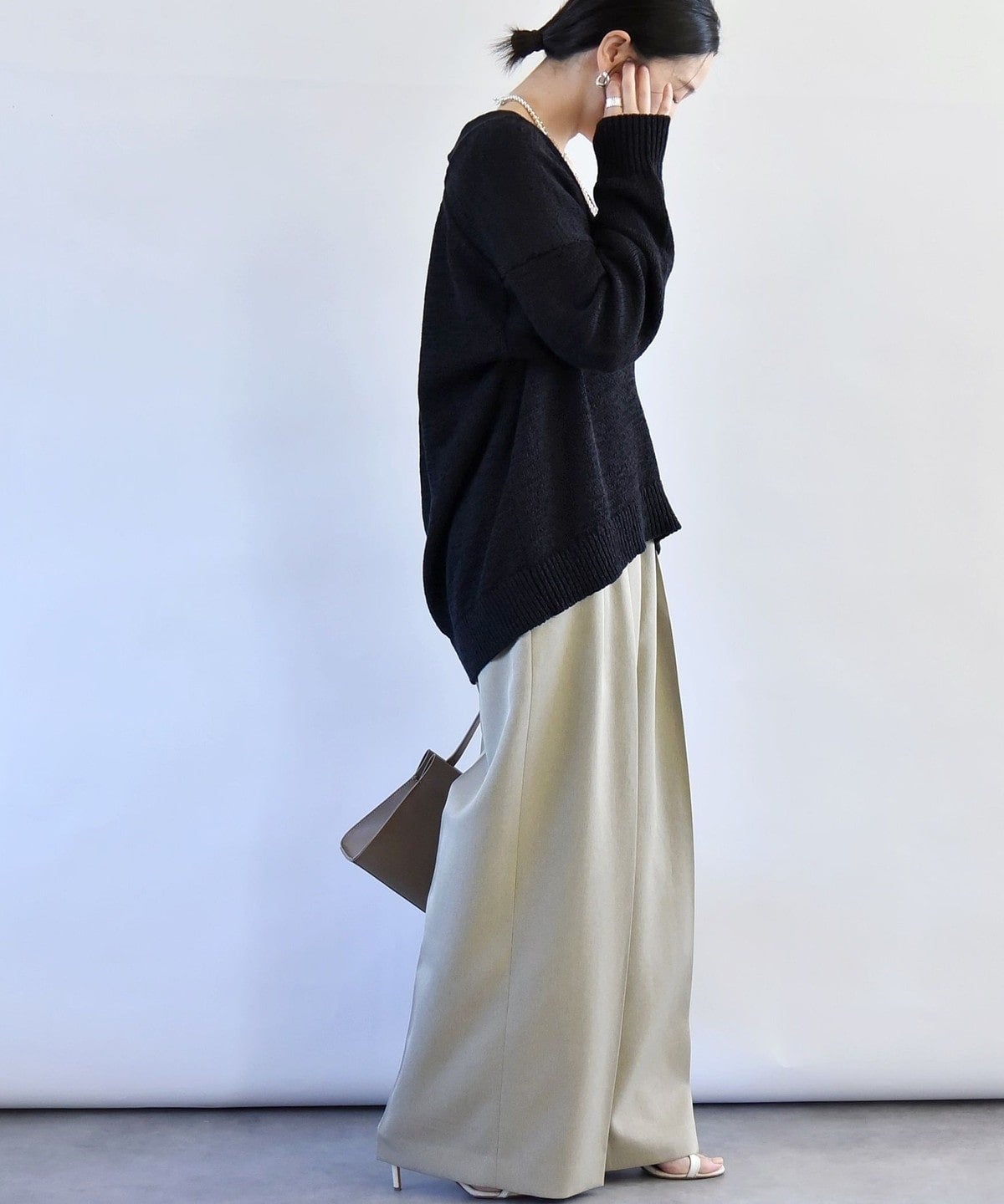 quaranciel:〈手洗い可能〉テープヤーン Vネック ルーズ プルオーバー