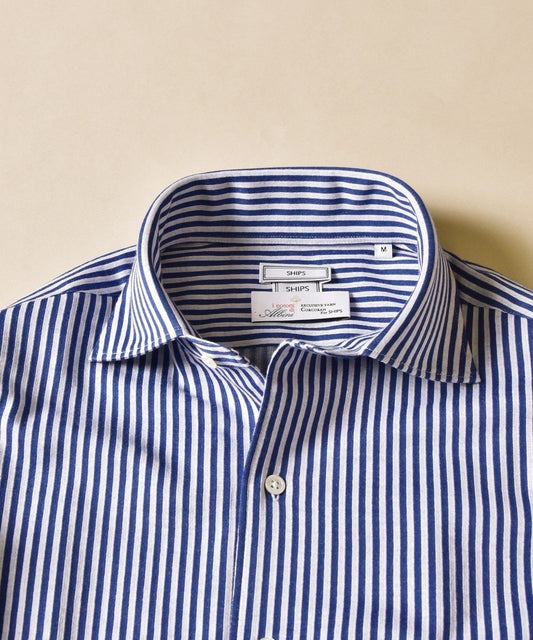 SD:【テレワーク対応可能】ALBINI社製生地  ジャージ ストライプ ワンピースカラー シャツ