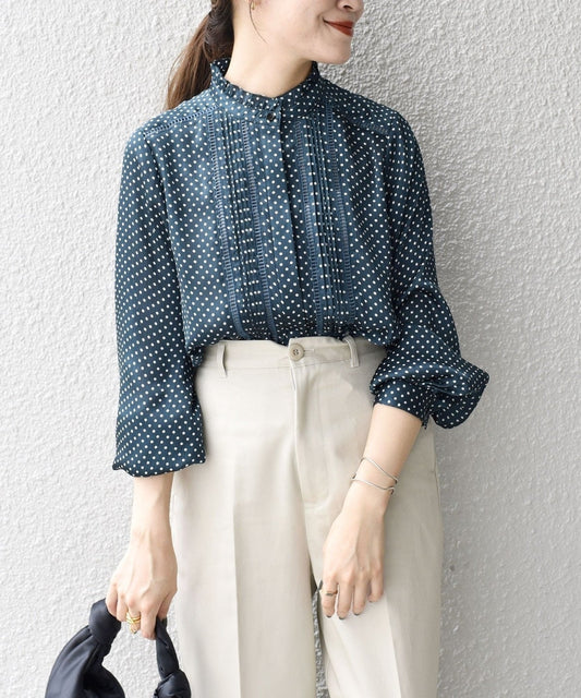 〈手洗い可能〉ドット／ソリッドフリルピンタックレースブラウス