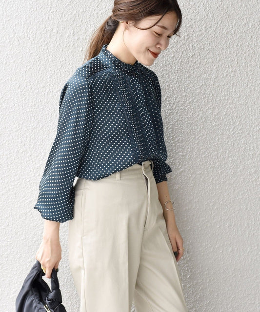 〈手洗い可能〉ドット／ソリッドフリルピンタックレースブラウス