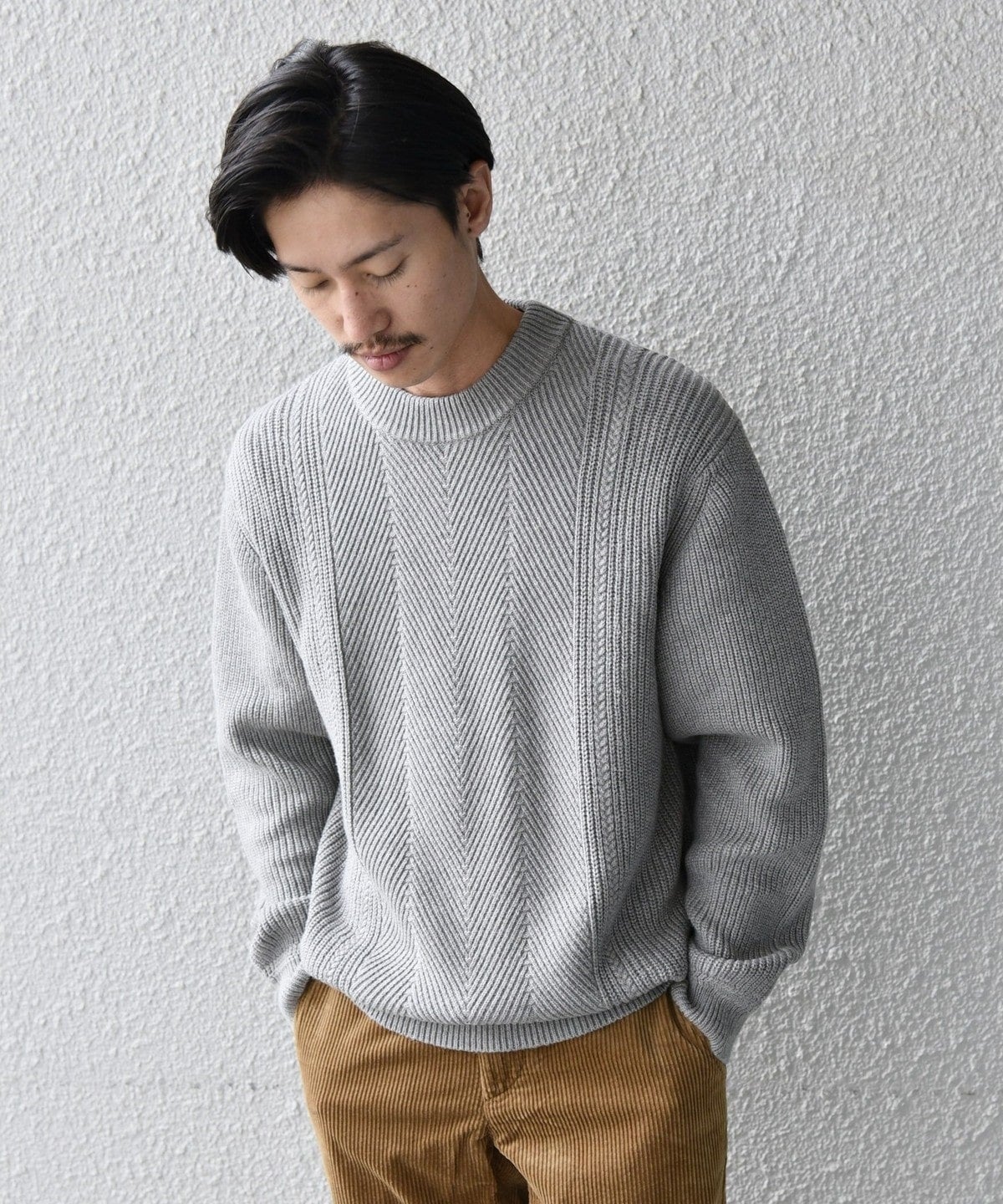 SHIPS: コットン/カシミヤ ヘリンボーン 畔編み ニット プルオーバー