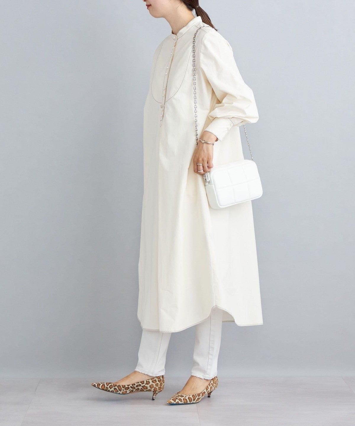 〈手洗い可能〉パールモチーフボタンワンピース ストライプ/ソリッド