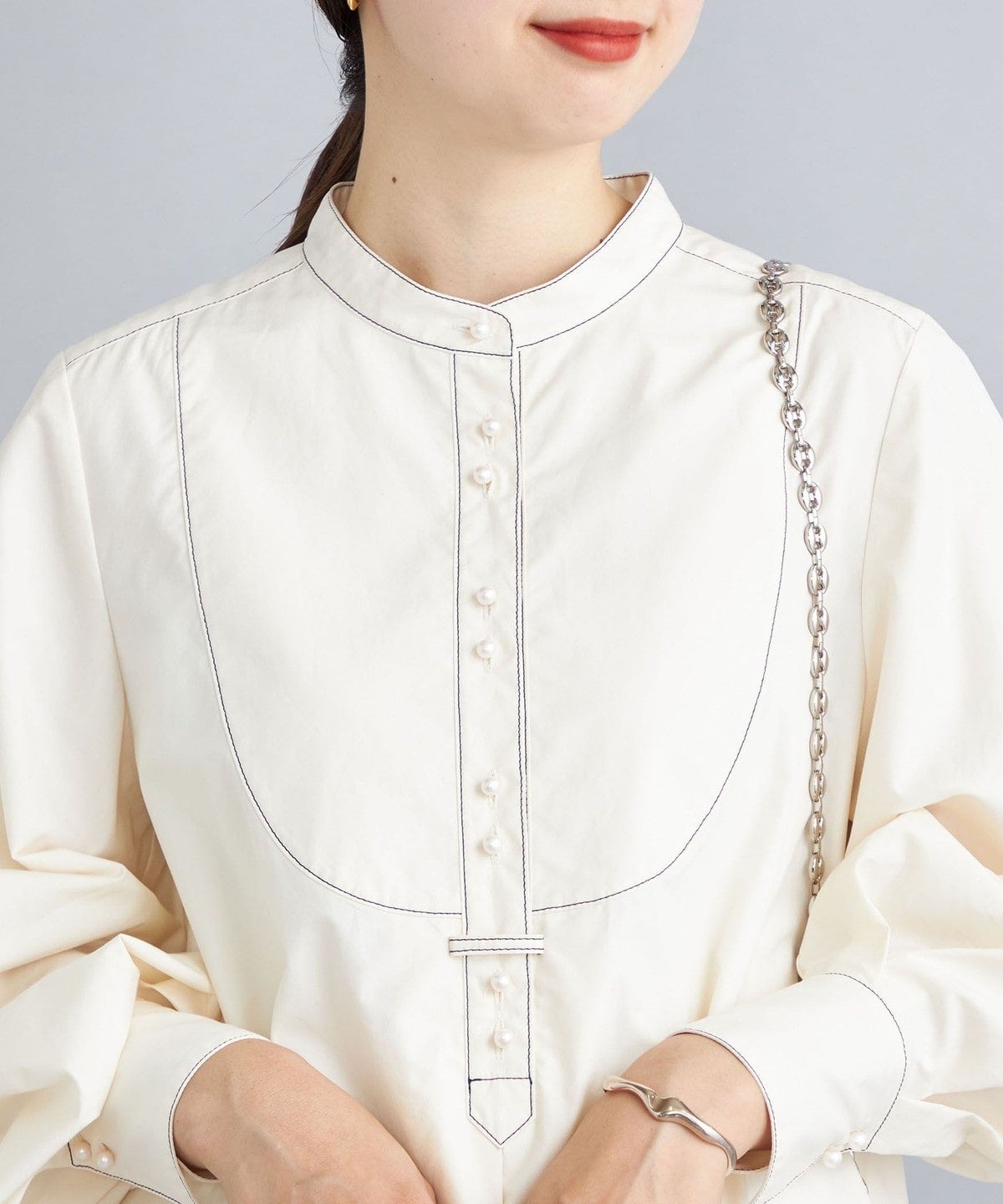 〈手洗い可能〉パールモチーフボタンワンピース ストライプ/ソリッド