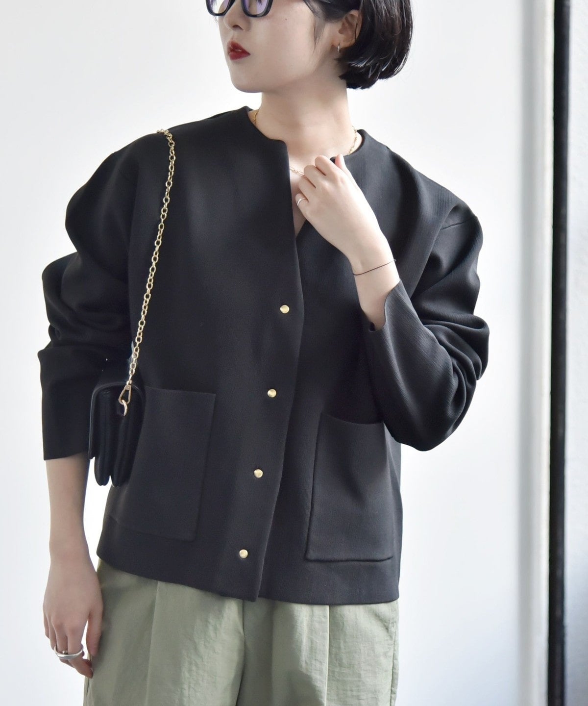 【ゆっち】quaranciel ノーカラー ポケット ニット ジャケット quaranciel:〈手洗い可能〉ノーカラー ポケット ニット ジャケット