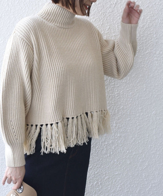 〈手洗い可能〉7G ブレンド ヤーン フリンジ ニット