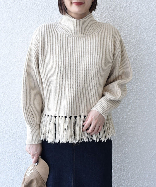 〈手洗い可能〉7G ブレンド ヤーン フリンジ ニット