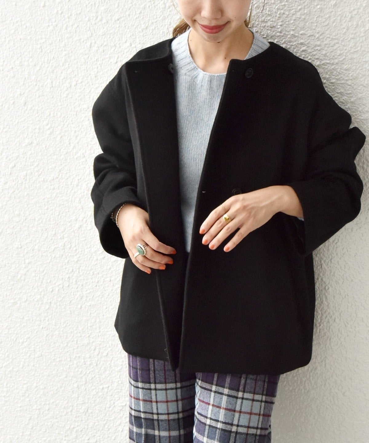 SHIPS any: ノンミュールジングウール ノーカラー ショート コート