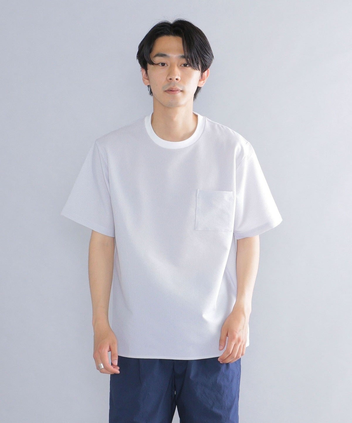 SHIPS: COOLMAX(R) シアサッカー ストライプ クルーネック Tシャツ
