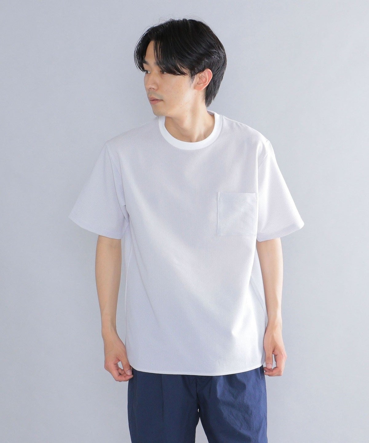 SHIPS: COOLMAX(R) シアサッカー ストライプ クルーネック Tシャツ