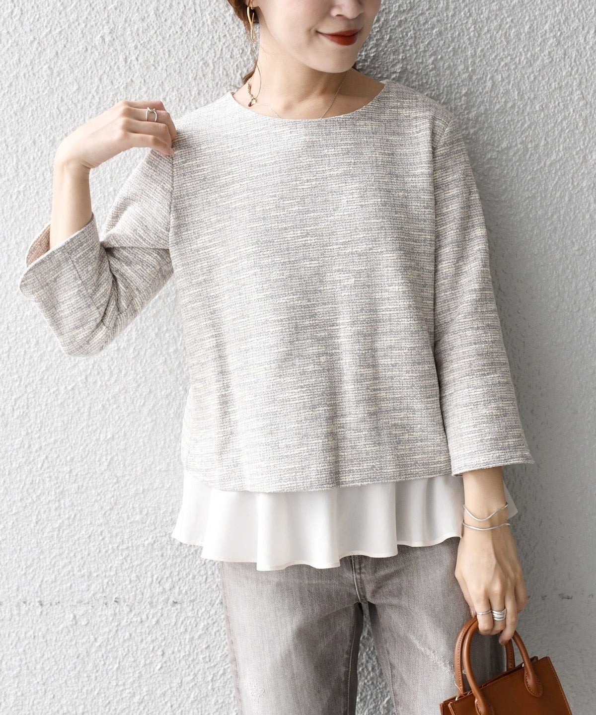 〈手洗い可能〉ツイードドッキングフリルトップス（セットアップ対応）
