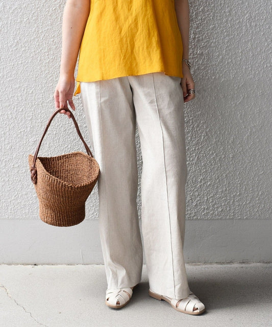 〈手洗い可能〉ウエストゴム麻混ピンタックパンツ