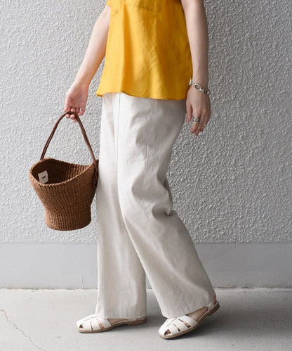 〈手洗い可能〉ウエストゴム麻混ピンタックパンツ