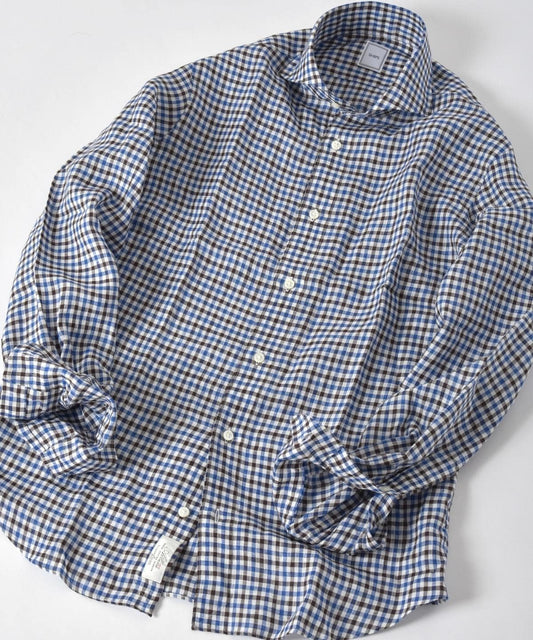 SD:ALBINI別注ギンガムチェック ウォッシュド ホリゾンタルカラーシャツ(ブラウン)