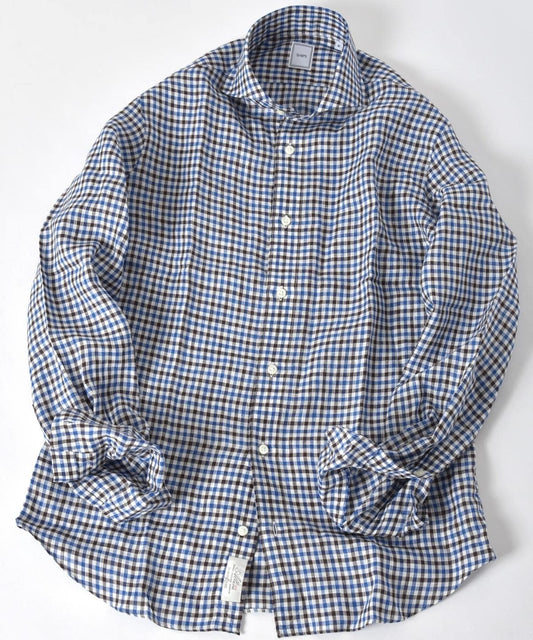 SD:ALBINI別注ギンガムチェック ウォッシュド ホリゾンタルカラーシャツ(ブラウン)