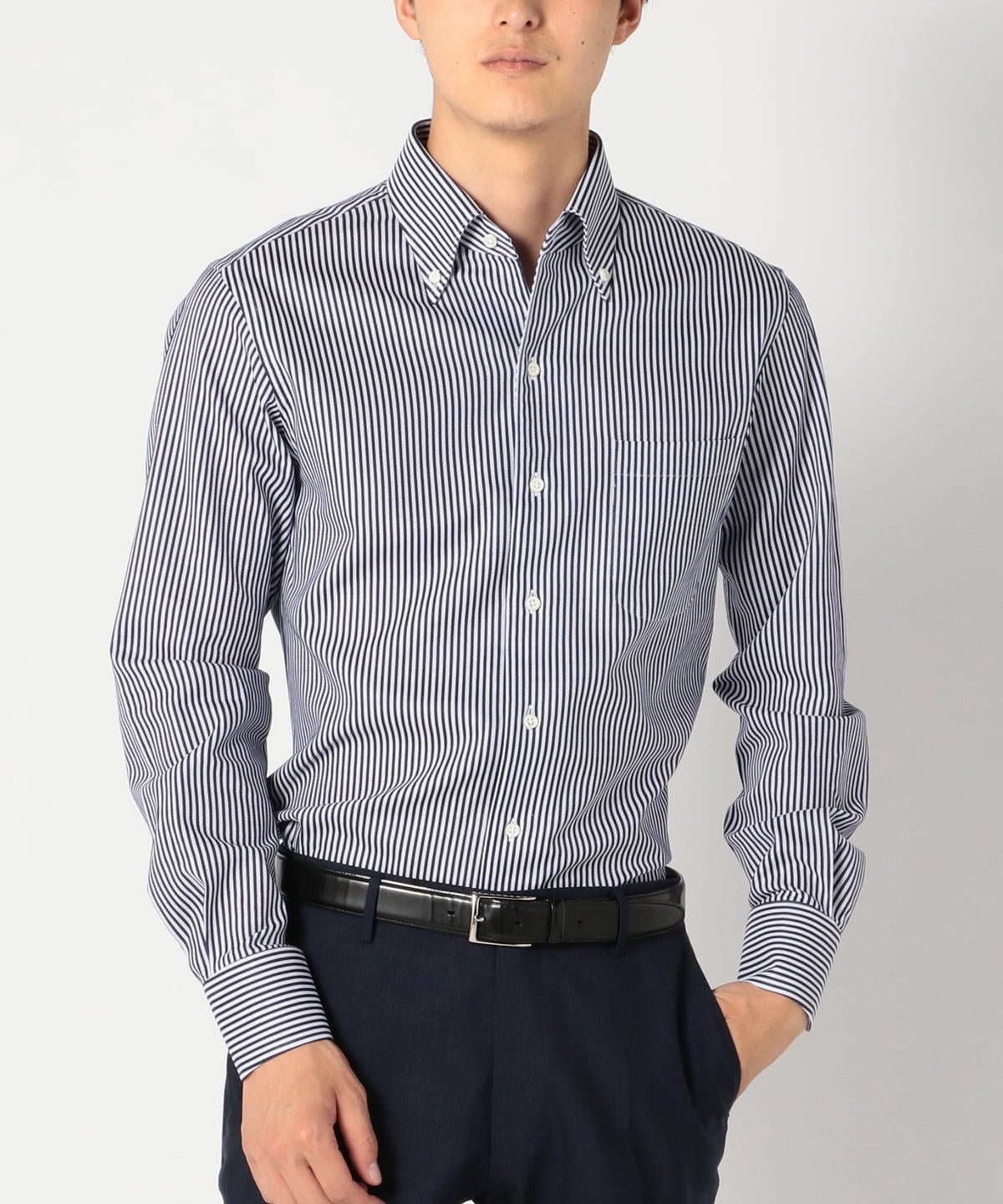 SD: 【MONTI社製生地】カラミ ストライプ イタリアンボタンダウン シャツ(ネイビー)