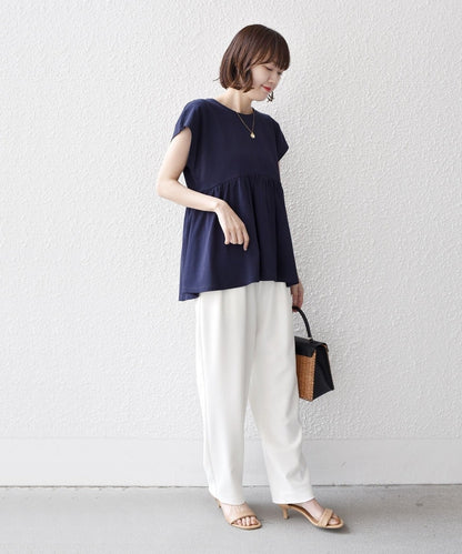 〈洗濯機可能〉コットン 天竺 ウエスト 切替 ギャザー プルオーバー