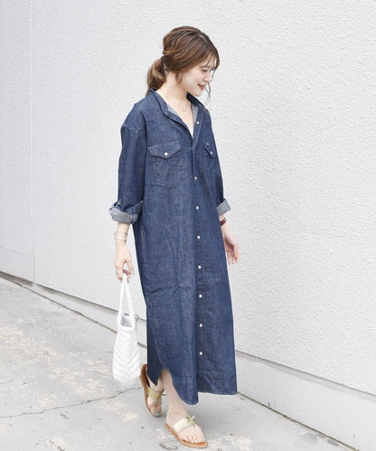 【SHIPS別注】Wrangler: ノーカラーデニムシャツワンピース