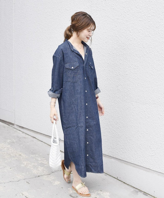 【SHIPS別注】Wrangler: ノーカラーデニムシャツワンピース