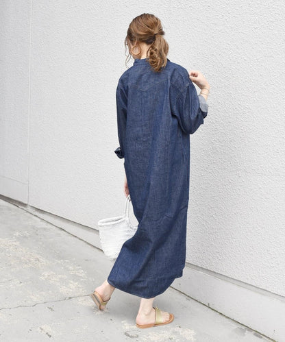 【SHIPS別注】Wrangler: ノーカラーデニムシャツワンピース