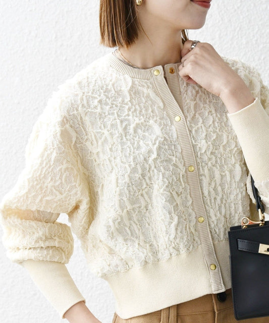 SHIPS any:〈手洗い可能〉ジャカード バンピー コンパクト カーディガン