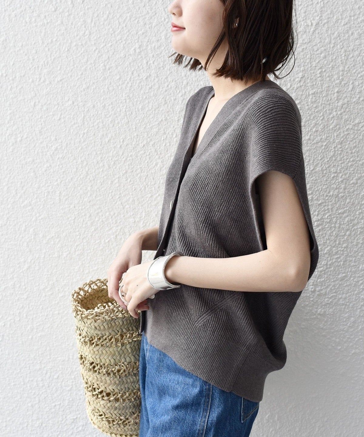 〈手洗い可能〉麻 ナイロン メタル ボタン ニット ベスト