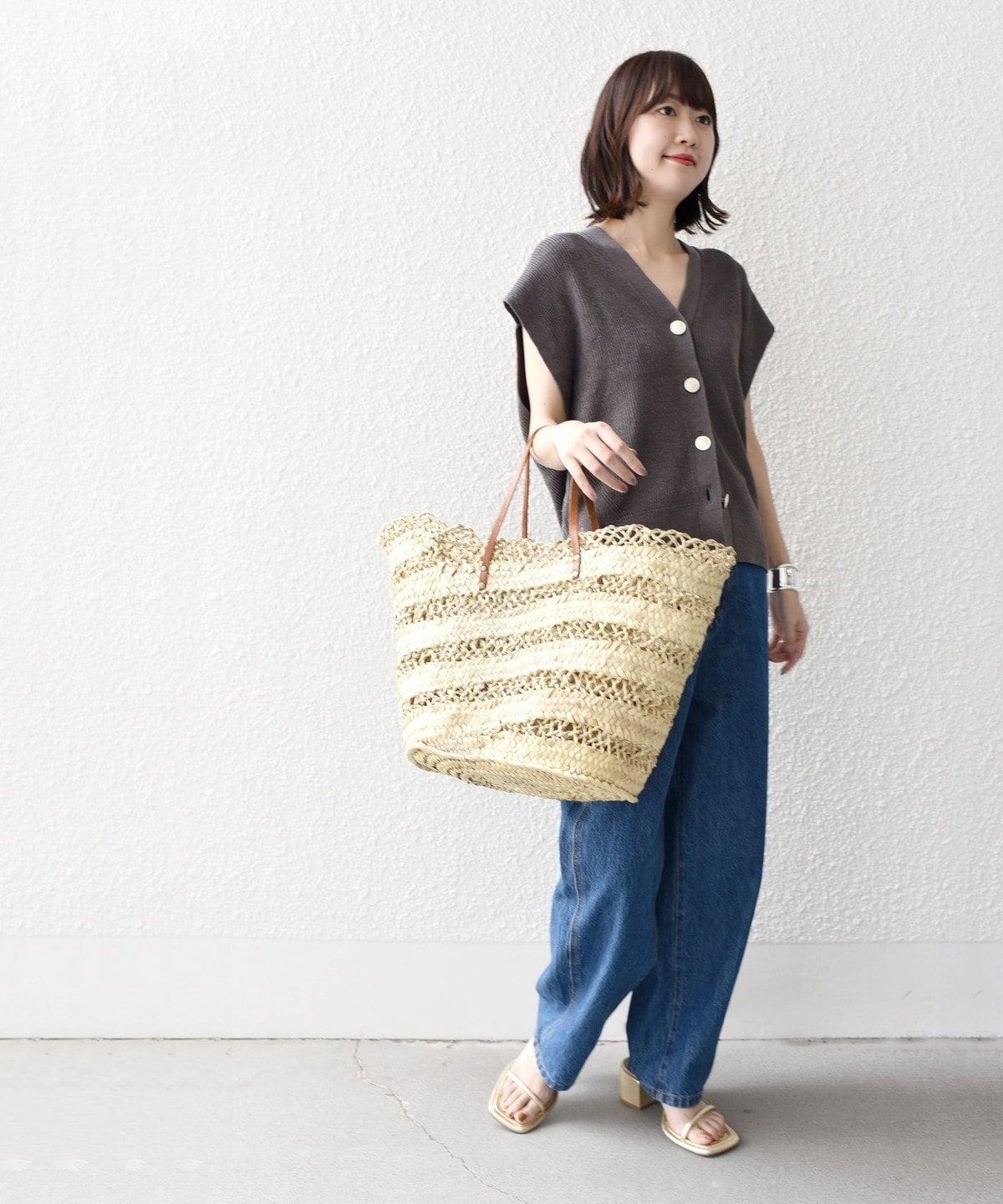 〈手洗い可能〉麻 ナイロン メタル ボタン ニット ベスト