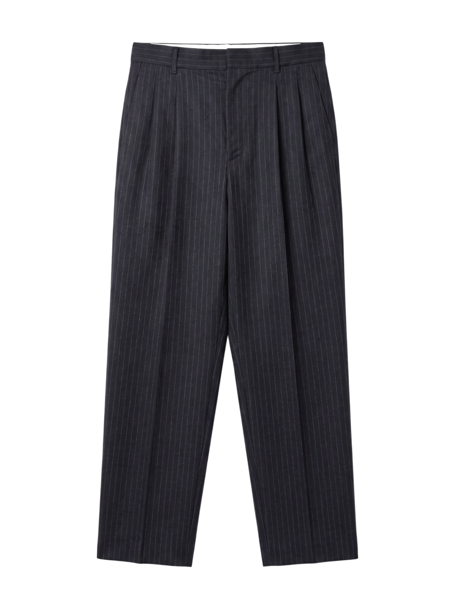 SHIPS Primary Navy Label:麻混 ストライプ ストレッチ テーパード パンツ
