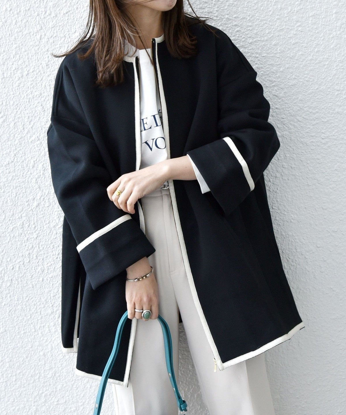 SHIPS any:〈UVカット〉ジャージー パイピング ノーカラー コート