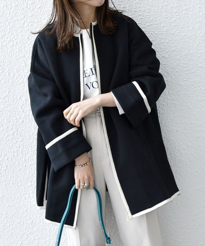 SHIPS any:〈UVカット〉ジャージー パイピング ノーカラー コート