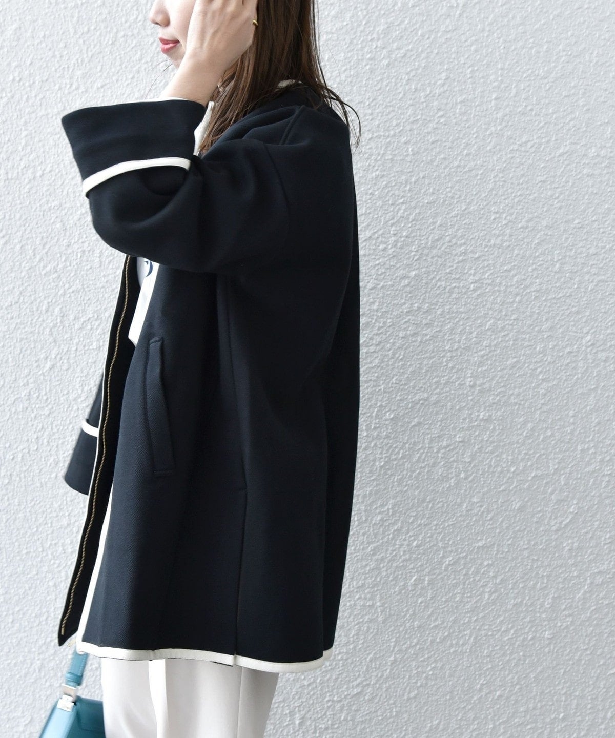 SHIPS any:〈UVカット〉ジャージー パイピング ノーカラー コート