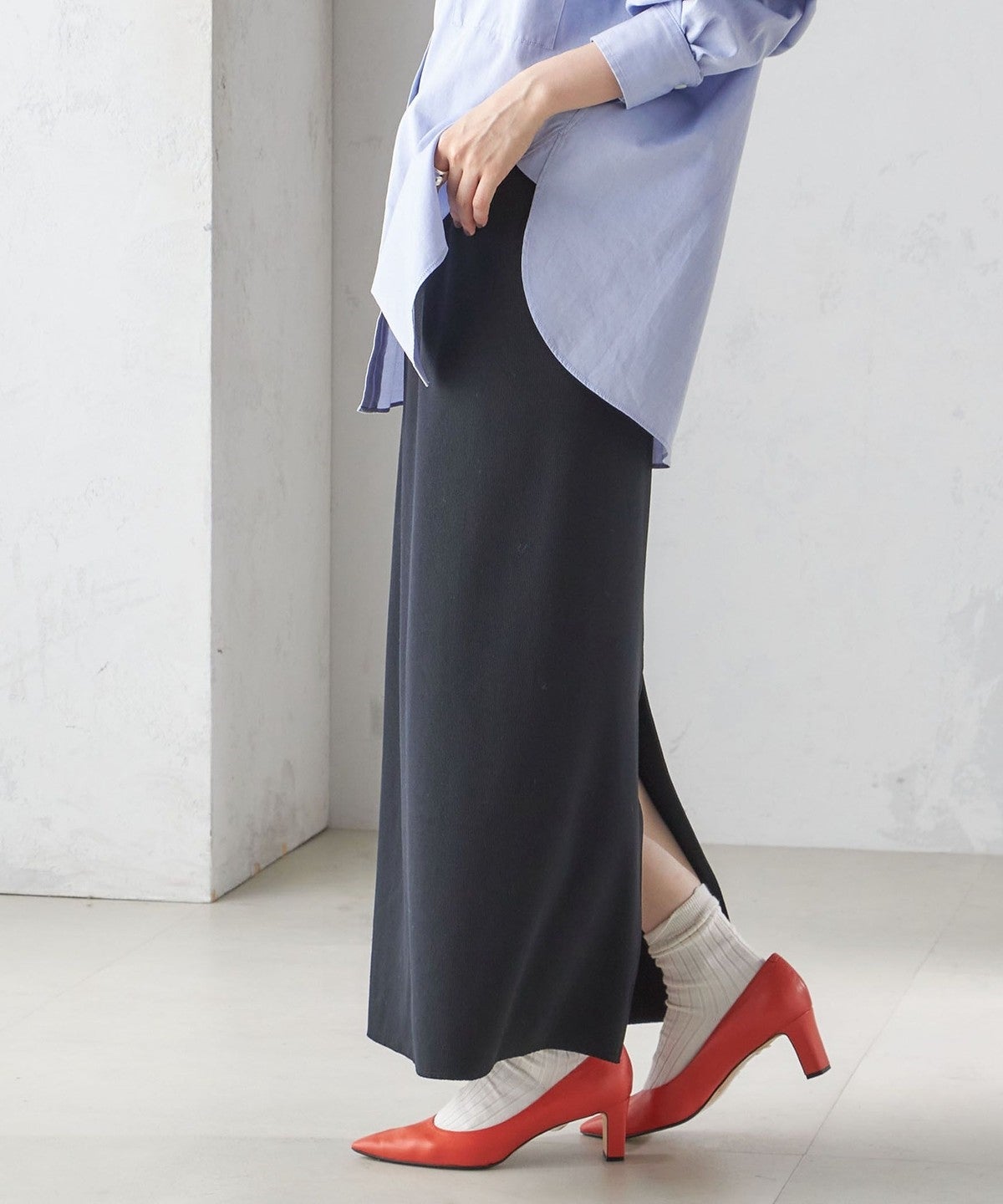 〈手洗い可能〉ECO BLUE(R) リブ ジャージー 2WAY ストレッチ スカート