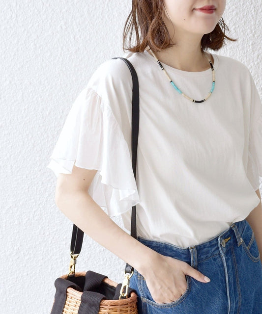 ギャザー スリーブ コットン 天竺 TEE