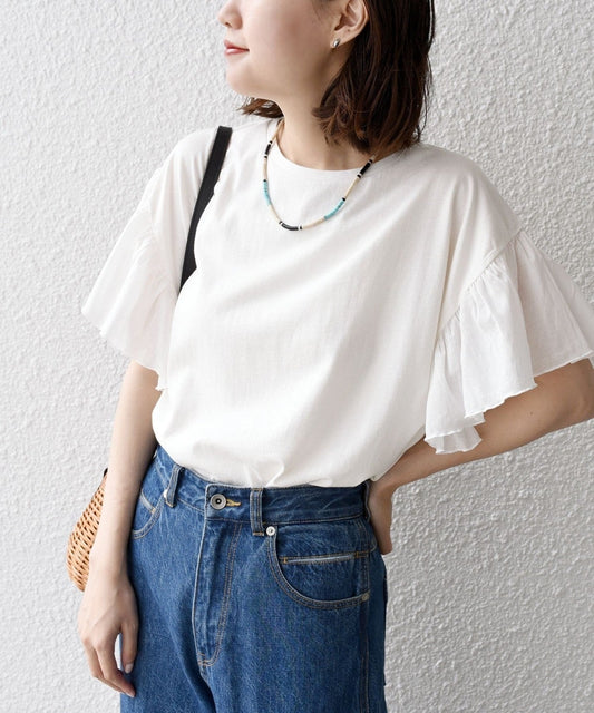 ギャザー スリーブ コットン 天竺 TEE