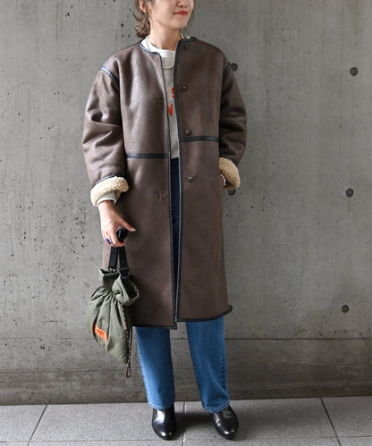 SHIPS any: フェイクムートン ノーカラー ロングコート