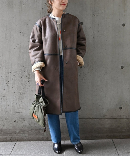 SHIPS any: フェイクムートン ノーカラー ロングコート