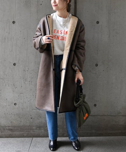 SHIPS any: フェイクムートン ノーカラー ロングコート