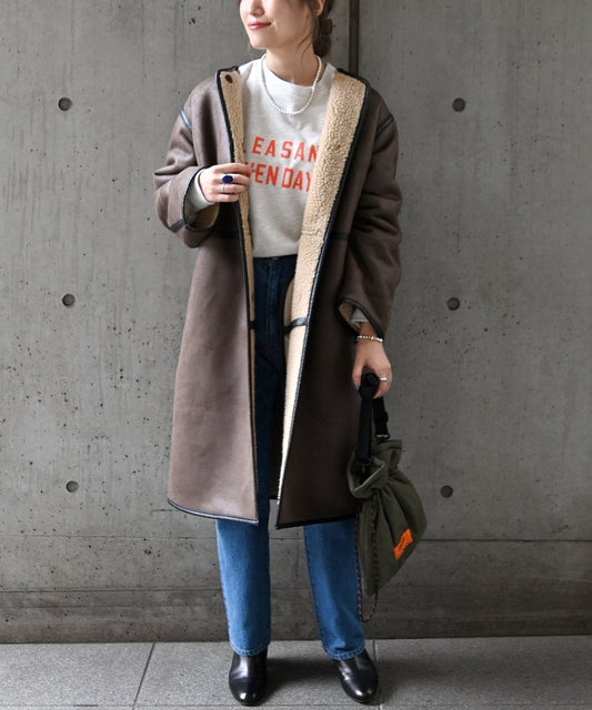 SHIPS any: フェイクムートン ノーカラー ロングコート